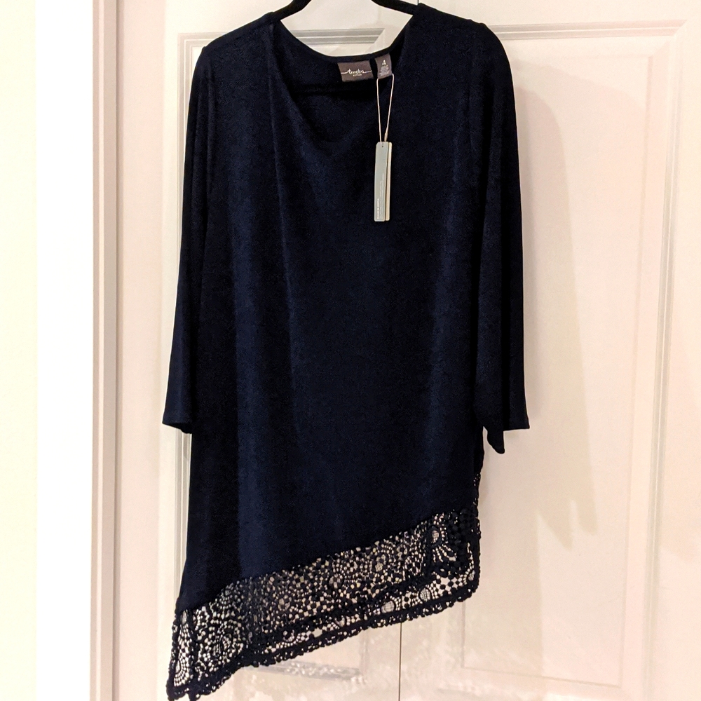 Chicos asymmetrical blue top with lace cut out detail